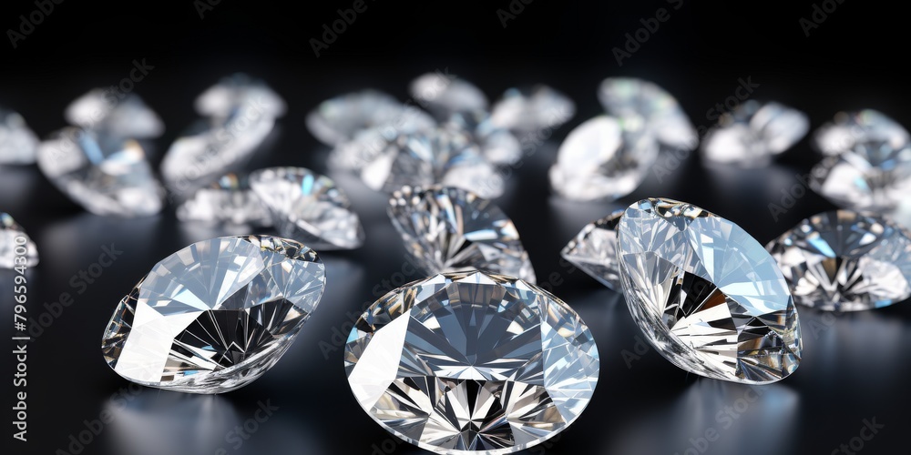 Luxurious Scattering Brilliant Diamonds On Reflective Surface. Generative AI Luxurious Scattering Brilliant Diamonds On Reflective Surface. Generative AI