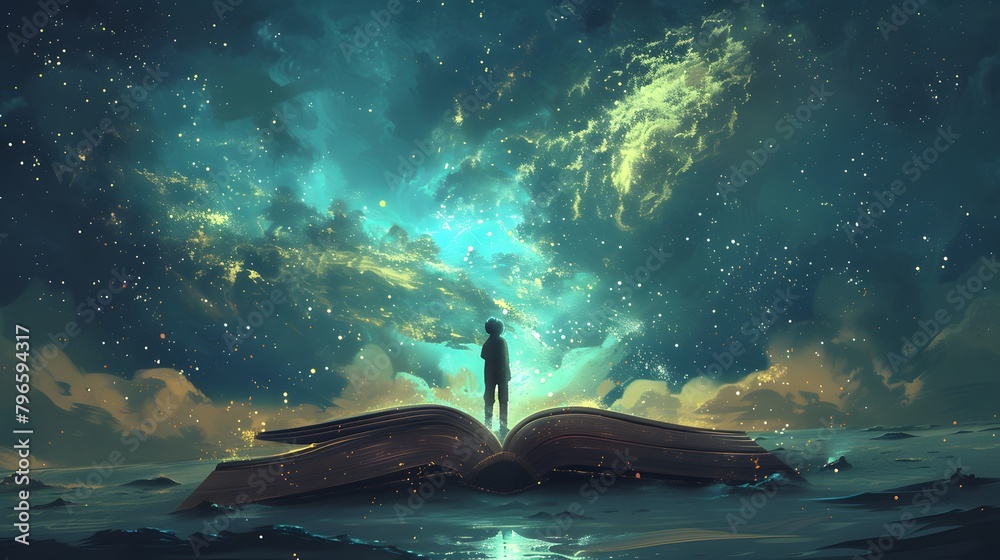 A solitary silhouette stands on an open book as if stepping into a star-filled universe, encapsulating the magic of reading and imagination, Digital art style, illustration painting.