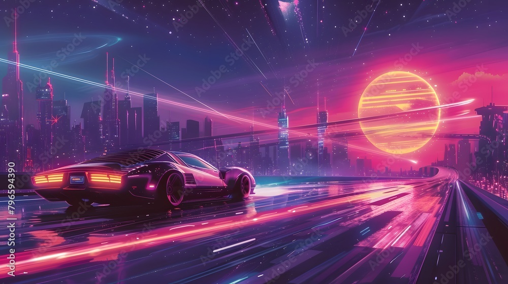 A classic car with a futuristic twist cruises along a cyberpunk cityscape, against the backdrop of a neon-drenched sci-fi skyline and rising planet, Digital art style, illustration painting. A classic car with a futuristic twist cruises along a cyberpunk cityscape, against the backdrop of a neon-drenched sci-fi skyline and rising planet, Digital art style, illustration painting.
