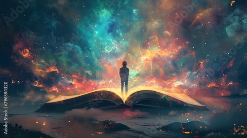A solitary silhouette stands on an open book as if stepping into a star-filled universe, encapsulating the magic of reading and imagination, Digital art style, illustration painting. photo