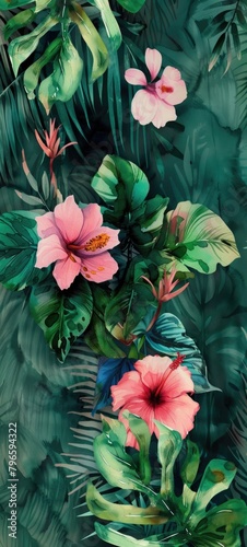 Tropical Floral Paradise  Lush Greenery and Vibrant Flowers