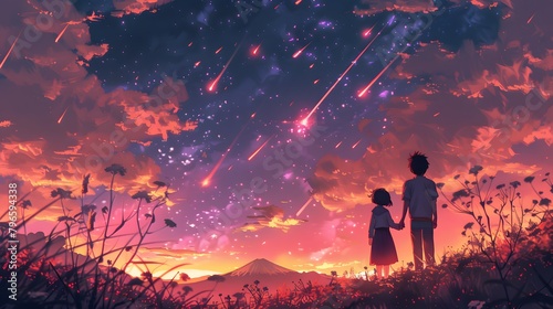 A pair of children hold hands, awestruck by the beauty of a meteor shower streaking across the dusky sky above a tranquil landscape, Digital art style, illustration painting.