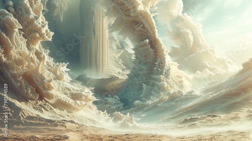 A chaotic storm of swirling sands engulfs a futuristic time machine, blurring the boundaries between past and future photo