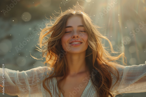 Beautiful happy woman with close eyes enjoying sunshine and summer day. Smiling adult lady enjoys at a weekend or holidays in summer. Calm and happiness concept. photo