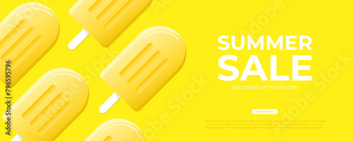 Summer Sale. Summertime commercial banner with ice cream for seasonal shopping promotion and sale advertising. Vector illustration.