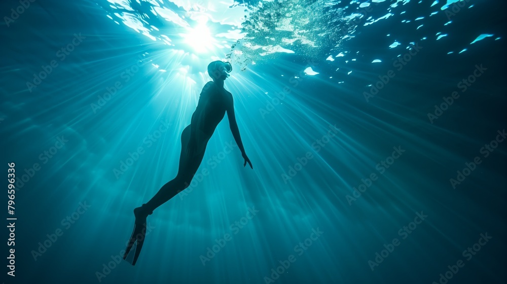 Woman free diver swims gracefully underwater, illuminated by sun rays penetrating the ocean.