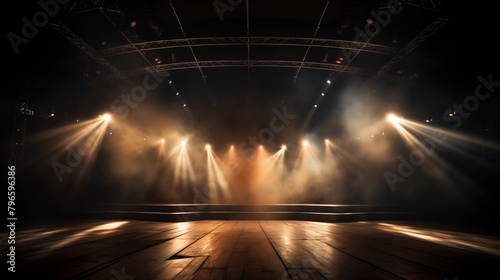 Empty concert stage with illuminated spotlights and smoke. Stage background with copy space.
