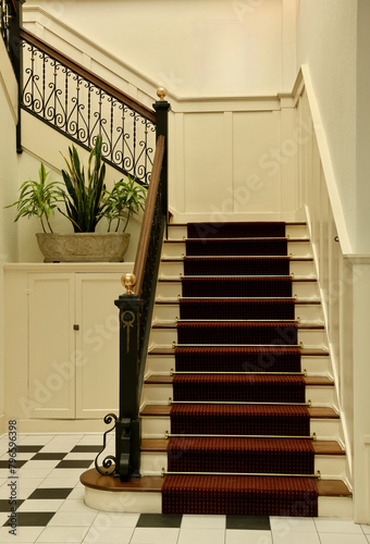 elegant staircase with carpet runner