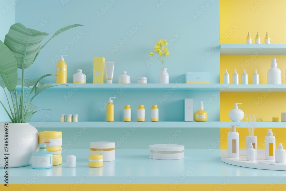 3D Rendering of a Beauty Store with Various Cosmetic Products Organized on Shelves for Sale