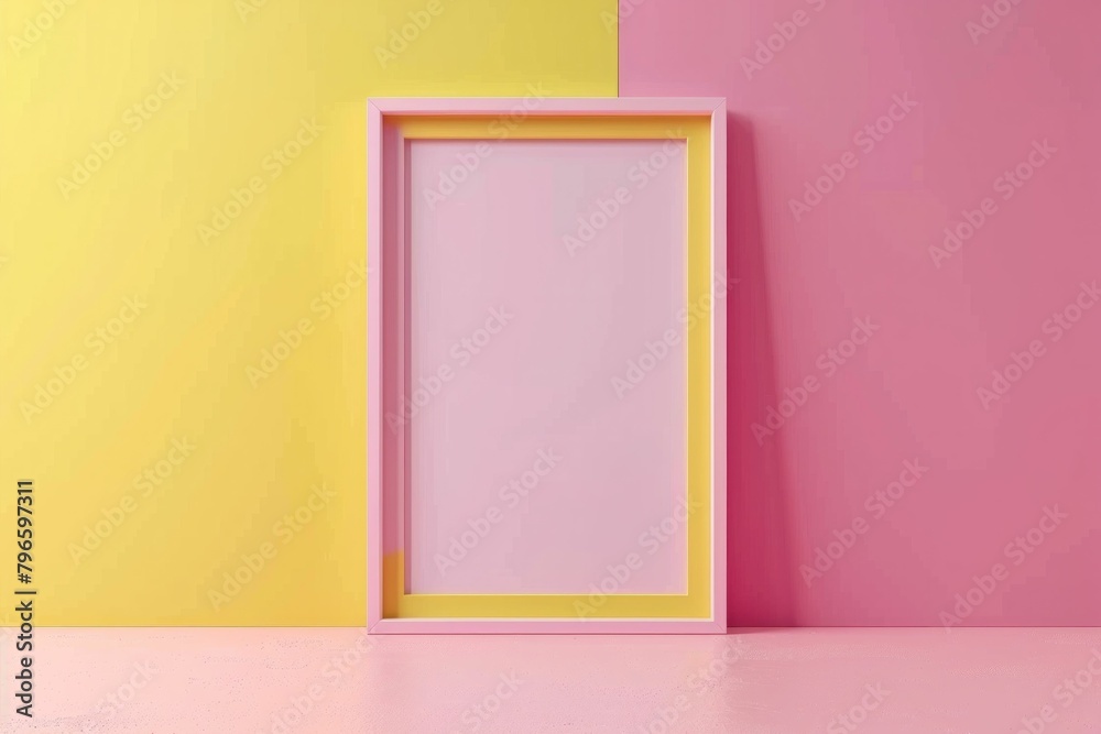 Pink and yellow themed room with empty frame on wall in pastel colors, minimalist interior design concept