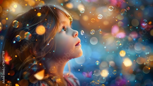 Child and floating bubbles 