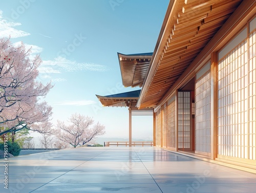 Architectural detail of a minimalist Japanese temple with clean lines and serene surroundings. photo