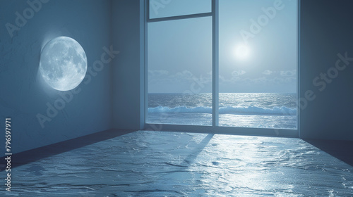 A serene moonlit beach, with waves gently lapping against the shore, casting ethereal shadows on a minimalist living room wall.
