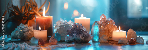 esoteric still life with candles and crystals, magical spiritual healing zen composition, modern witchcraft concept