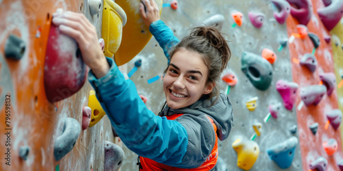 young athletic woman wearing sportswear climbing wall indoors, smiling portrait photo