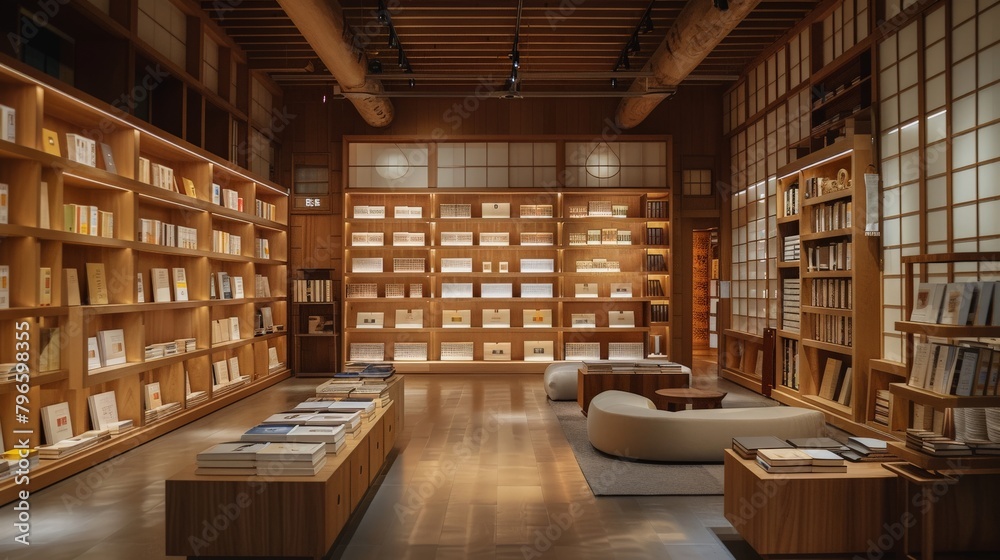 A minimalist Japanese bookstore with rows of neatly arranged books and soft lighting.