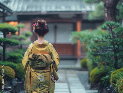 Fashionable young woman in a sleek kimono walking gracefully through a minimalist Japanese garden.
