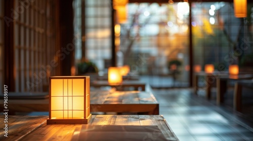 A minimalist Japanese izakaya with clean wooden tables and soft ambient lighting. photo
