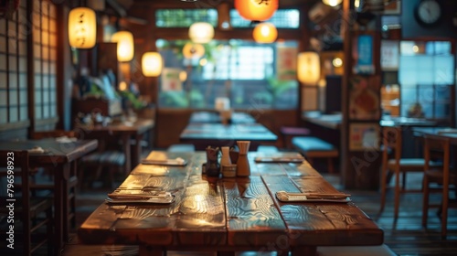 A minimalist Japanese izakaya with clean wooden tables and soft ambient lighting. photo
