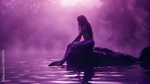 A beautiful mermaid is sitting on the rock in the purple fog