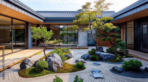 A minimalist Japanese rooftop garden with carefully curated plants and rocks. © taelefoto