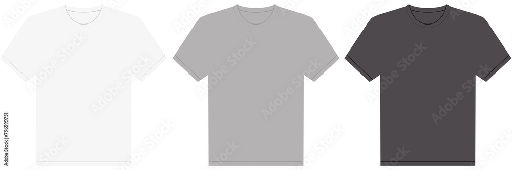 T-shirt mockup. White, grey, black blank t-shirt front views. T-shirt mockup. White, grey, black blank t-shirt front views.