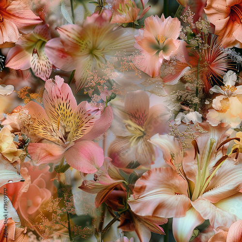 Seamless background with summer and spring flowers. Collage. Angelcore style