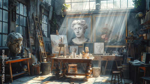 A sun-drenched artist's studio filled with the ephemeral glow of natural light, illuminating canvases and sculptures that inspire creativity at every turn. 