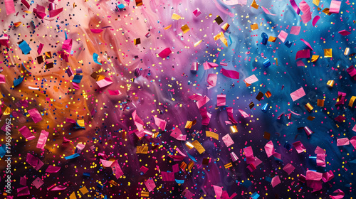 Playful bursts of confetti and streamers cascading across the canvas, forming a festive and celebratory abstract background that radiates joy and exuberance.  photo