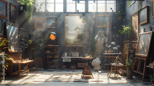 A sun-drenched artist's studio filled with the ephemeral glow of natural light, illuminating canvases and sculptures that inspire creativity at every turn. photo