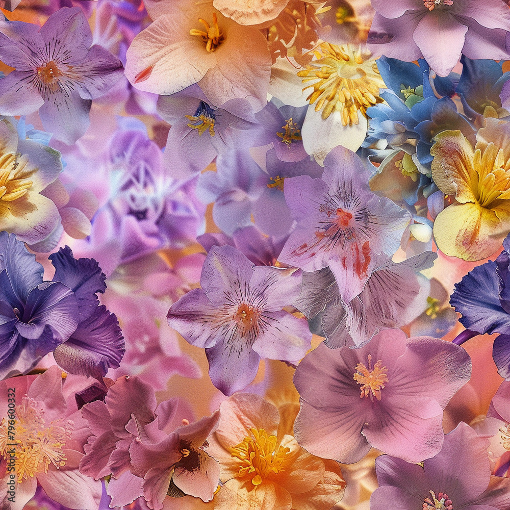 Seamless background with summer and spring flowers. Collage. Angelcore style