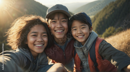 Happy family standing climbing a mountain during the day, Happy Asian family taking a selfie during a hiking adventure. Happiness father and children on a sunny day under the sunlight. Summer vacation