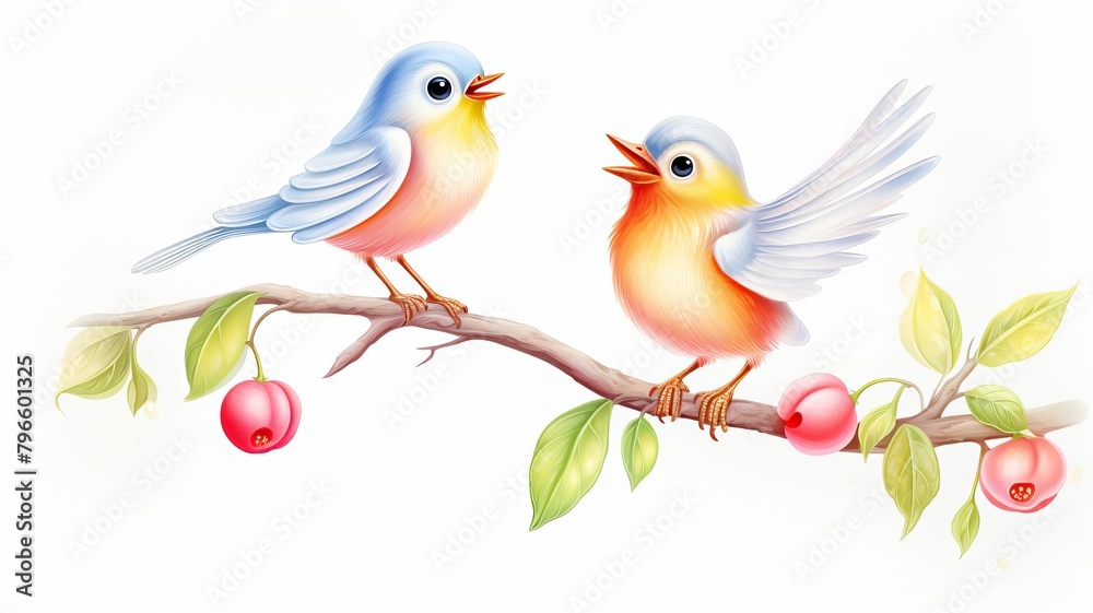 Clipart of a playful scene featuring a cute bird singing on a branch, rendered in delightful watercolor shades, focusing on a joyful and lively theme, isolated on white background