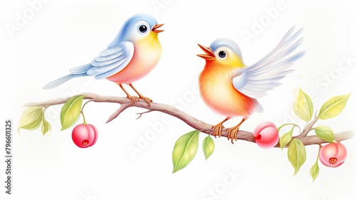 Clipart of a playful scene featuring a cute bird singing on a branch, rendered in delightful watercolor shades, focusing on a joyful and lively theme, isolated on white background © MAGENTA STUDIO