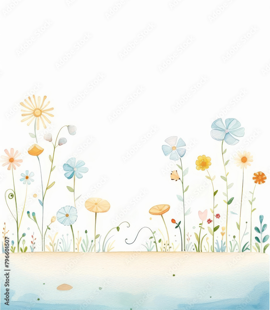 Fototapeta premium Clipart of a whimsical garden scene, featuring a collection of cute, ornamental flowers growing side by side, delightful watercolor shades, focusing on a playful and decorative theme