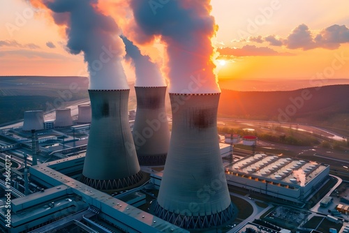 Industrial landscape at sunset with traditional power plant emitting steam and smog. Concept Industrial Landscape, Sunset Glow, Power Plant Emitting Steam, Smog, Urban Environment