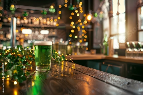 Festive St Patrick s Day beer bar counter with decorations and space for text. Concept St Patrick s Day Celebration  Beer Bar Counter  Festive Decorations  Copy Space  Irish Holiday