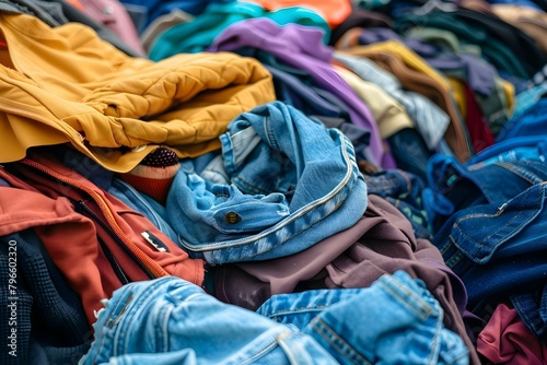 Reusing a Heap of Textiles from the Fast Fashion Industry. Concept Textile Waste, Sustainable Fashion, Upcycling, Circular Economy, Eco-Friendly Materials