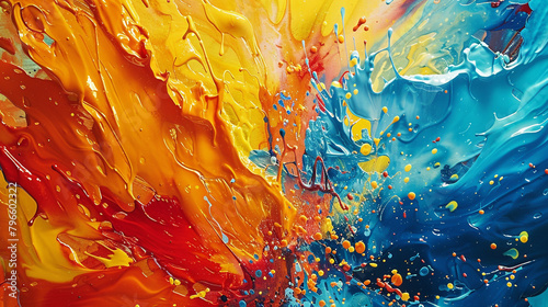 Vibrant splashes of paint and bold brushstrokes creating a dynamic and expressive abstract background that bursts with color and energy, inviting the viewer to experience its vitality.  photo