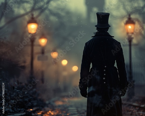 Victorian gentleman in a foggy evening scene - A classically dressed man from the Victorian era is set against a backdrop of diffused street lamps and a foggy night photo