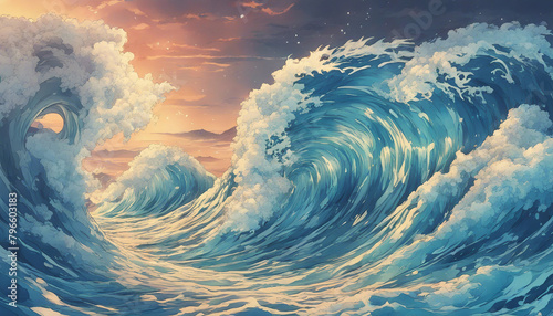 illustration of high waves. blue sea with strong waves close up wallpaper photo