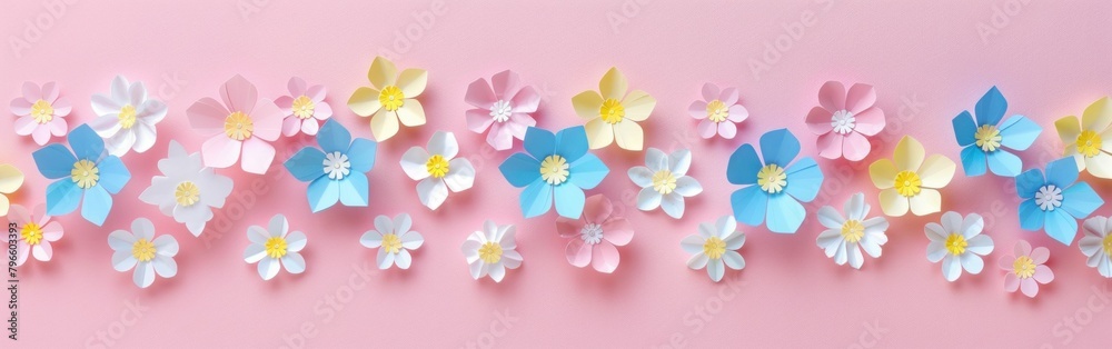 Beautiful Paper Flower Arrangement on Pink Background with Blue, Yellow, and Pink Flowers in Center
