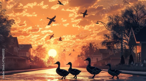 Ducks Crossing Road at Sunset photo