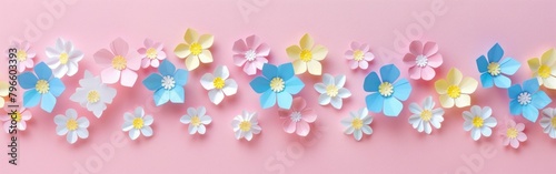 Beautiful Paper Flower Arrangement on Pink Background with Blue  Yellow  and Pink Flowers in Center