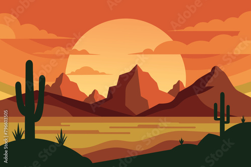 Desert landscape at sunset with cactus and mountain on sunset. Desert Mountain Vector design