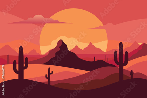 Desert landscape at sunset with cactus and mountain on sunset. Desert Mountain Vector design