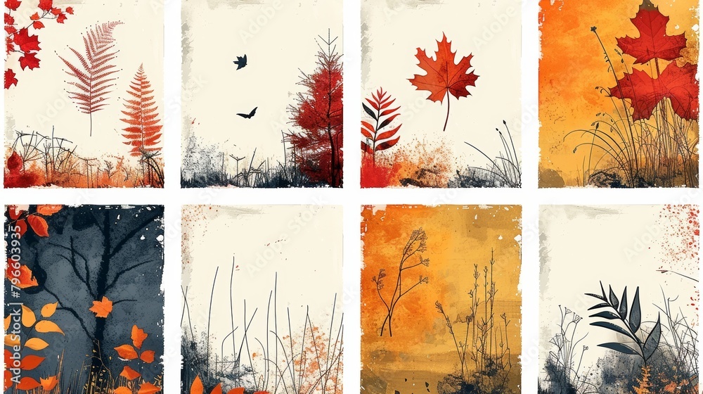 Fototapeta premium Background for mobile app page in minimalistic style with autumn elements, shapes, and plants. Modern illustration.