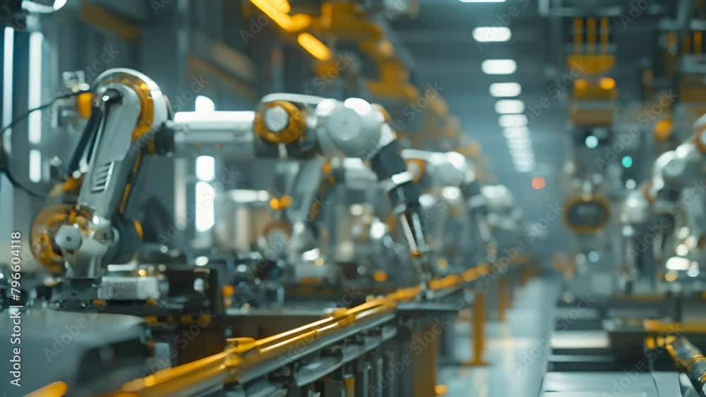 A factory with robots working on a conveyor belt. The robots are white and yellow A factory with robots working on a conveyor belt. The robots are white and yellow