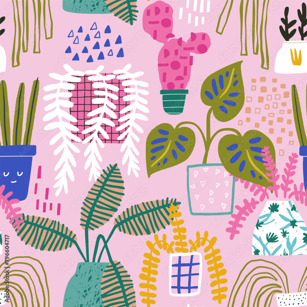 Obraz premium Seamless botanical pattern with plats in pots. Cartoon floral on pink texture. Vector illustration.
