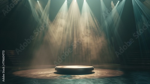 Dramatic stage with spotlights shining down on an empty circular platform, creating an atmospheric effect.